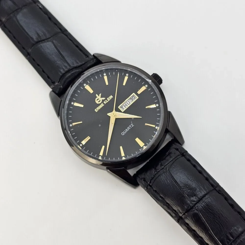 38MM Men’s Ernie Klein Watch Black Dial Day‎ Date Indicators Black Leather Bands
